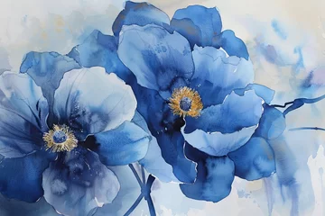 Fotobehang Deep Blue Flower Painting for Wall Decoration - Spring Floral Watercolor Artwork © Michael