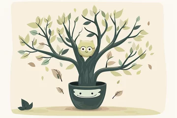 Fotobehang Whimsical Pot Character Vector in Cute Tree - Serene Tree with Flourishing Leaves Vector © Michael