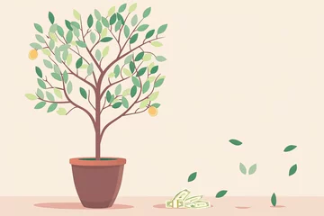 Fotobehang Whimsical Tree Cute Vector in Pot, Neutral Character Background - Serene Money Spring Concept with Flourishing Leaves © Michael