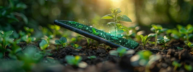 Fotobehang Smartphone Diagnostics for Plant Health - Phone Analyzing Plant with Data Overlays in Garden Setting © Exnoi