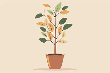 Fotobehang Vector Art: Whimsical Tree Pot with Glossy Leaves on Neutral Background © Michael