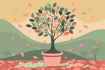 Fotobehang Whimsical Tree Vector in Pot: Serene Money Spring Concept with Flourishing Leaves Signature D�cor © Michael