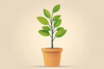 Fotobehang Vector Art: Whimsical Tree Pot with Glossy Leaves - Forest Seedling Spring Concept Decoration © Michael