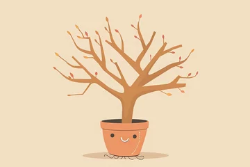 Fotobehang Adorable Anthropomorphic Tree Pot Illustration: Whimsical Forest Seedling with Spring Concept Decoration © Michael