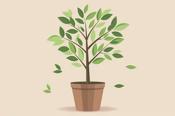 Fotobehang Anthropomorphic Tree Pot with Verdant Leaves Vector - Whimsical Forest Seedling Spring Concept Decoration © Michael
