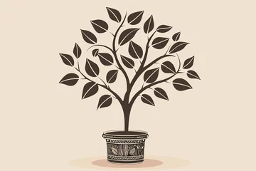 Fotobehang Whimsical Tree in Pot Vector: Intricate Leaf Patterns with Serene Spring Concept Forest Seedling Illustration © Michael