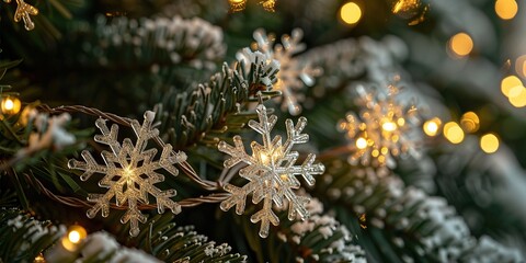 green spruce branches decorated with snowflakes