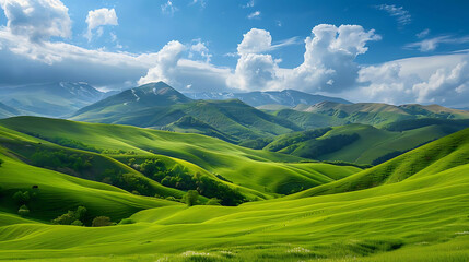 scenic vista of green hills and mountains under a blue and white sky with a white cloud