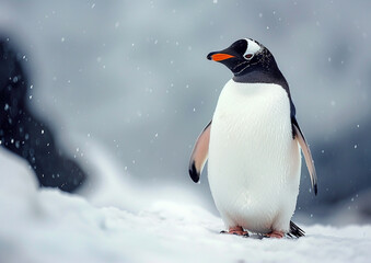 Penguin standing on snow.