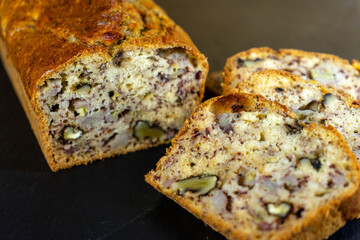 Close-up of Moist Banana Bread with Walnuts - Homemade Baking