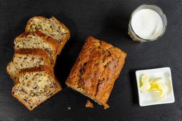 Homemade Banana Bread with Coffee and Butter - Breakfast Delight