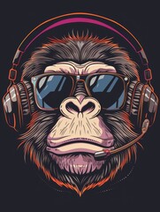 Monkey with Sunglasses and Headphones Vector Illustration