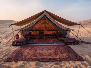 A tent with a blue and white canopy sits on a sandy beach. The tent is decorated with a red and white rug