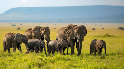 wildlife safari in the wild featuring a variety of gray and brown elephants with long trunks and wh