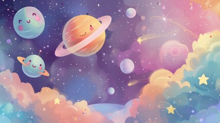 Colorful children's themed cute outer space background illustration design with cheerful planets and stars.