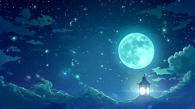 Lantern with moon night sky. Surreal concept, anime illustration style, looping 4k video animation background