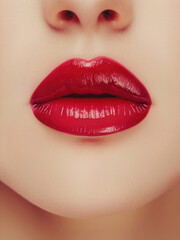 Close-up of woman's lips with bright fashion red glossy lip gloss