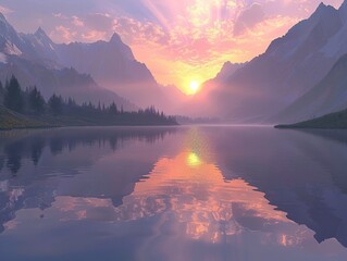 A breathtaking sunrise over the serene waters of a tranquil mountain lake 
