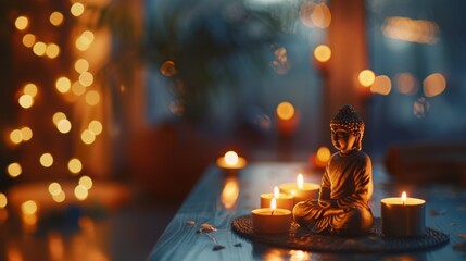 The room is filled with the soothing sound of crackling candles as you settle into a deep state of meditation. 2d flat cartoon.