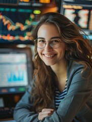 A smiling young businesswoman with glasses is sitting behind a desk looking at a monitor with a stock market graph monitoring market prices. widgets displaying the weather and the news daily schedule.