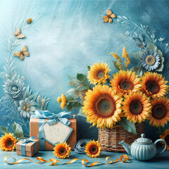 Sunflowers on blue background with Happy Mothers Day text ,HD illustration created with generative ai.