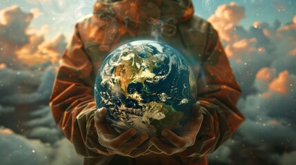 An environmentalist holding the planet Earth poster with copy space. hyper realistic 