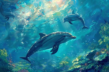 Picture a dreamy underwater tableau featuring a pair of elegant dolphins frolicking in a sunlit azure sea Infuse the scene with a harmonious palette of blues and greens