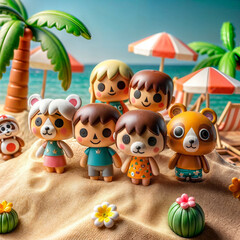 Fototapeta premium A group of figurines standing on top of a sandy beach ,3D illustration,sunset view in background created with generative ai.
