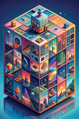 a colorful cube with a lot of different shapes and sizes.