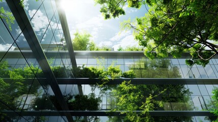 Eco-Friendly Glass Office: Sustainable Building with Trees and Green Environment hyper realistic 