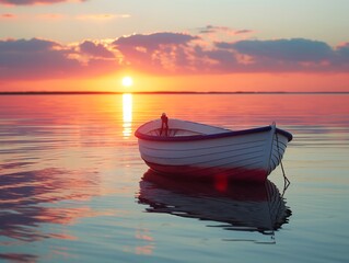 A small white boat sits in the water, with the sun setting in the background. The scene is serene and peaceful, with the boat being the only object in the water