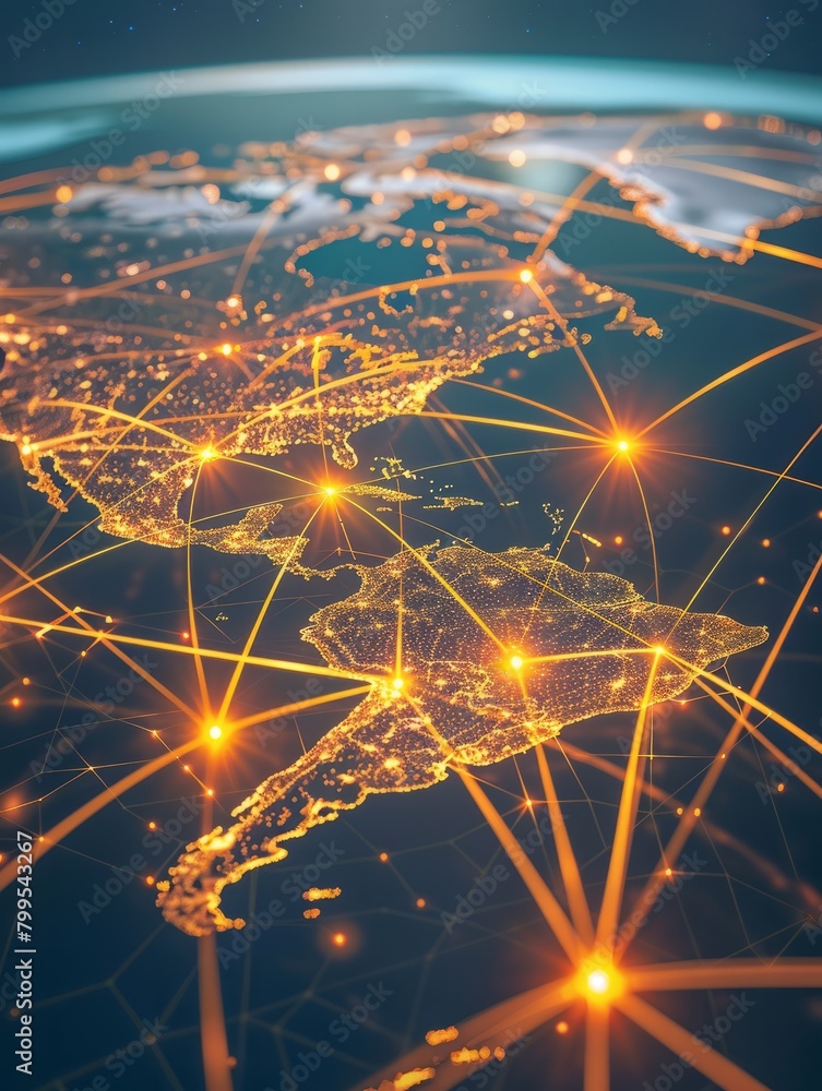 Poster global business network with world map and connecting flight paths hyper realistic