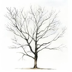 A clean watercolor painting of a sparse tree in winter, branches bare and striking, minimal watercolor style illustration isolated on white background