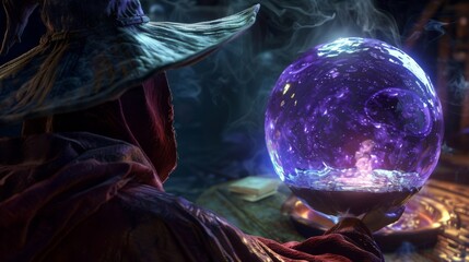 A powerful witch gazes into her crystal ball watching as a chosen hero cautiously approaches the bubbling cauldron of immortal potion . . - obrazy, fototapety, plakaty