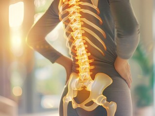 person with superimposed skeletal structure graphics emphasizing the spine and pelvis, suggesting back pain or spinal health  - obrazy, fototapety, plakaty