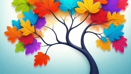 Fototapeta premium Elegant colorful tree with vibrant leaves hanging branches illustration background. Bright color 3d abstraction wallpaper for interior mural painting wall art decor created with generative ai.