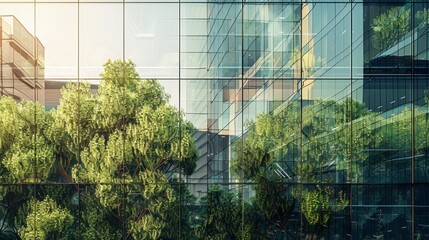 Reflecting greenery, a corporate glass building symbolizes ESG principles, advocating sustainability integration into business practices hyper realistic 