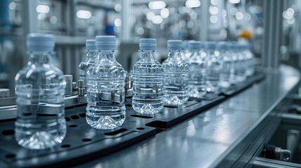 mechanics of unlabeled plastic bottles on a streamlined assembly line