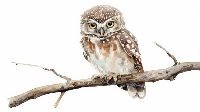 A clean watercolor painting of a little owl perched on a branch at night, eyes wide and curious, minimal watercolor style illustration isolated on white background
