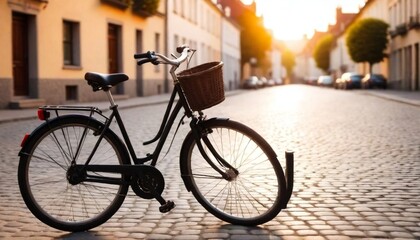 Fototapeta na wymiar Bicycle is parked on a cobblestone street ,sunset in the background,3D illustration created with generative ai.