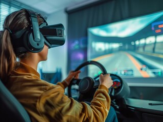 Virtual reality driving test. woman in simulator controls car with steering wheel in classroom. 