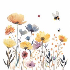 A lovely watercolor painting of a bee buzzing around flowers, simple and clean, minimal watercolor style illustration isolated on white background