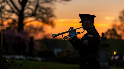 a bugler performing "Taps" at a Memorial Day ceremony, his silhouette framed against the fading light of dusk.