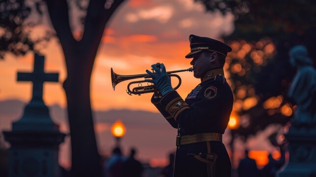 a bugler performing "Taps" at a Memorial Day ceremony, his silhouette framed against the fading light of dusk.