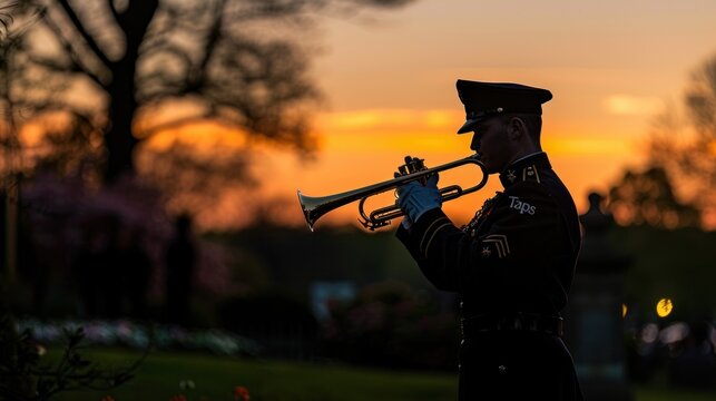 a bugler performing "Taps" at a Memorial Day ceremony, his silhouette framed against the fading light of dusk.