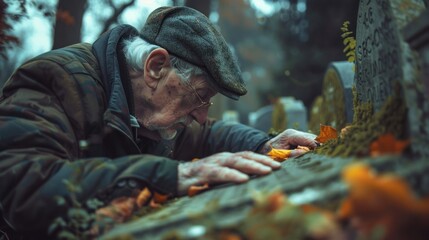 his hand resting gently on the headstone as he pays his respects.