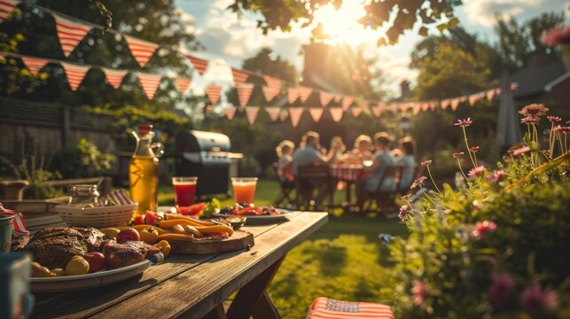 a family enjoying a barbecue together in their backyard, surrounded by American flags and bunting, capturing the essence of Memorial Day festivities.
