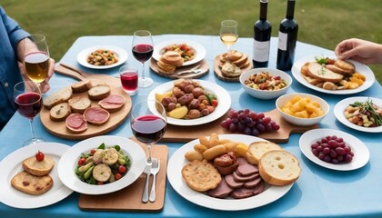 A table topped with plates of food and glasses of wine, amazing food photography, HD food photography created with genertive ai.