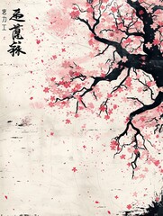 Pink Cherry Blossom Tree in Japanese Poster