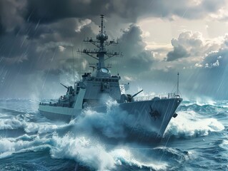 a navy ship is traveling through the sea 